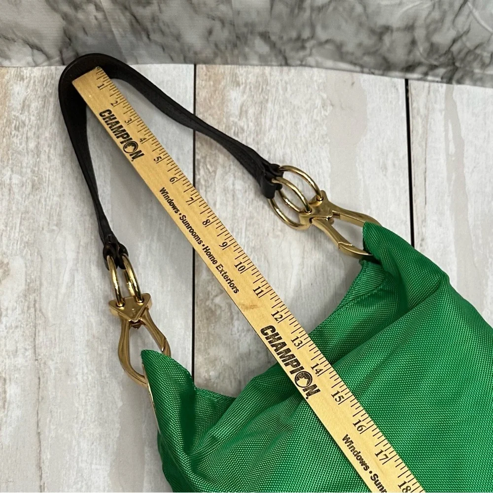Vibrant Green Nylon Hobo Shoulder Bag Black Strap Gold Hardware Tote Bold Bright